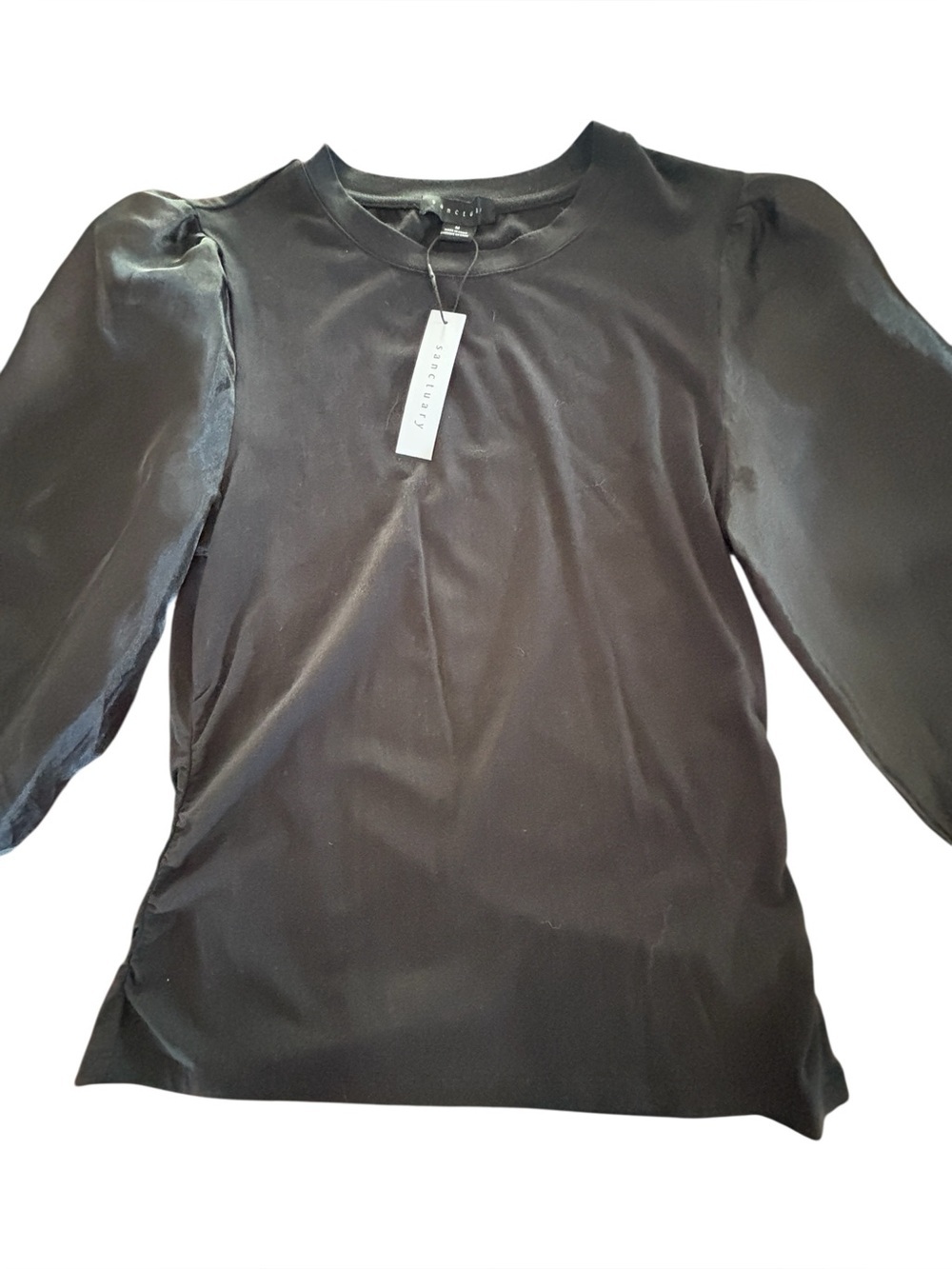 Sanctuary Black Satin Look Puff Sleeve Top NWT